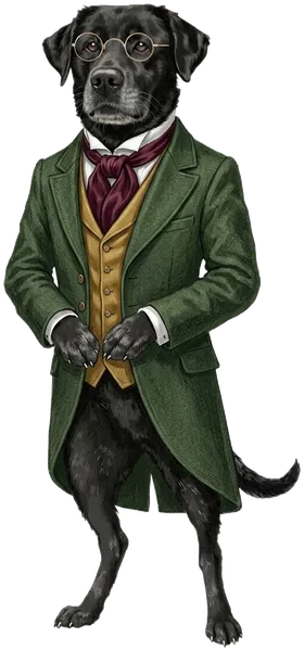 Darwin, a black Labrador in round spectacles, a green frock coat, a gold waistcoat and a burgundy cravat